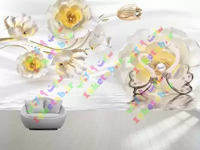 کاغذ دیواری سه بعدی طرح قو و گل طلایی
