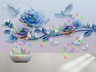 کاغذ دیواری سه بعدی طرح شاخه گل و پرندگان