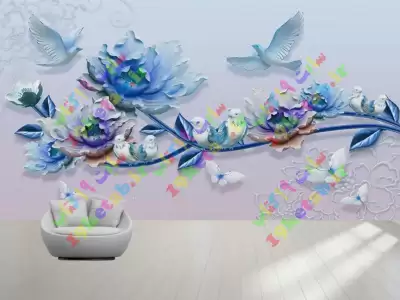 طرح کاغذ دیواری سه بعدی گل کاغذ دیواری سه بعدی طرح شاخه گل و پرندگان