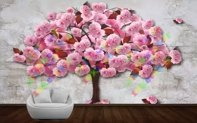 طرح لایه باز کاغذ دیواری طرح شکوفه های صورتی طرح کاغذ دیواری سه بعدی شکوفه صورتی