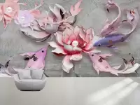 طرح کاغذ دیواری سه بعدی مخملی گل برجسته و ماهی