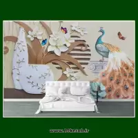 کاغذ دیواری سه بعدی طرح طاووس و گل